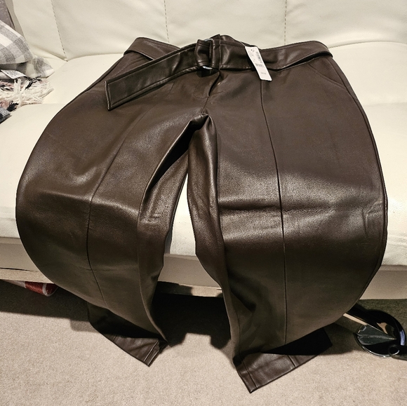 Addition Elle New cropped  chocolate brown faux leather pants w/ belt size 10. - Picture 1 of 6